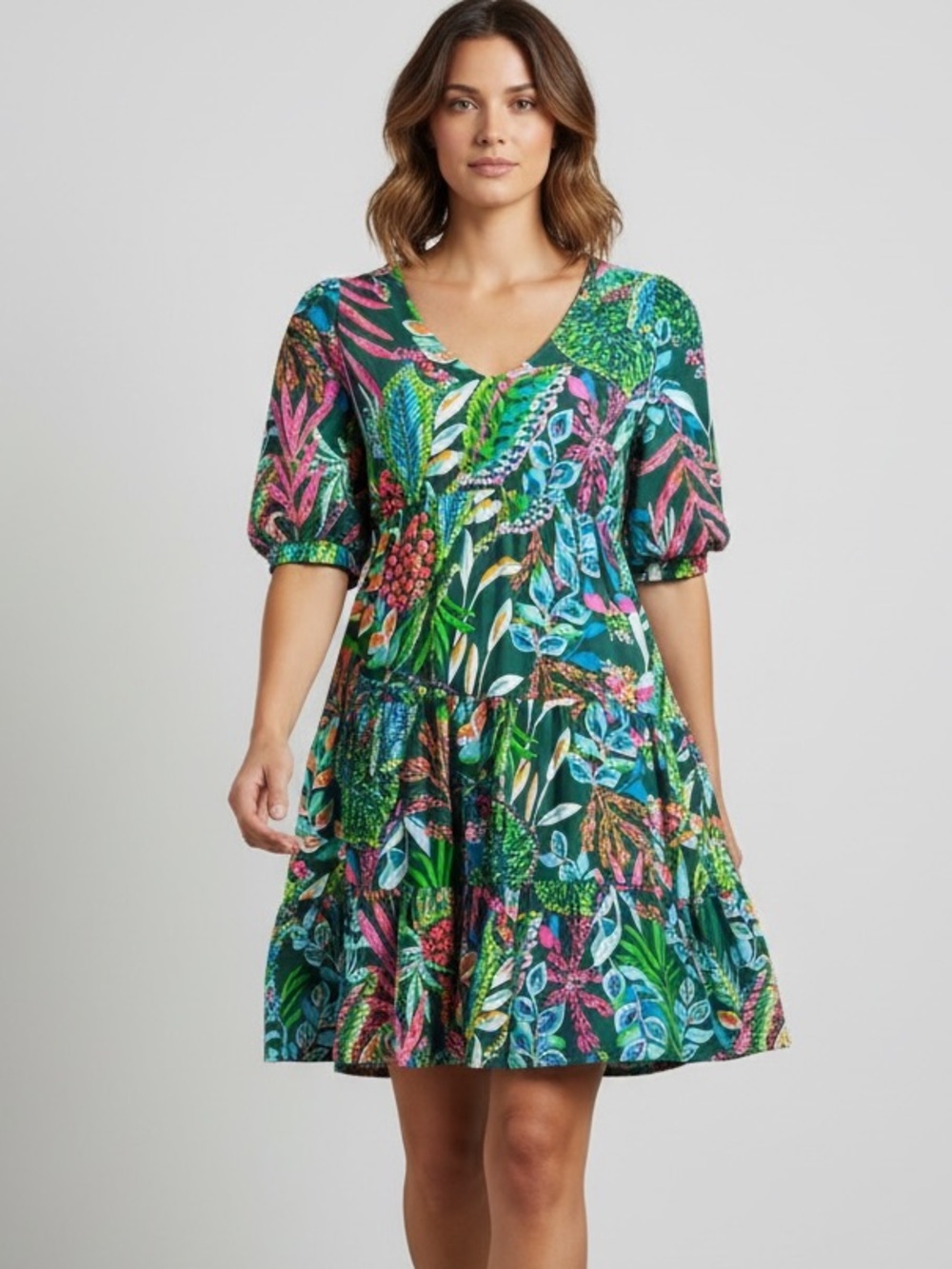 Lilly Pulitzer Chiara Tiered Short Sleeve Dress Sunshine Jungle Floral Small